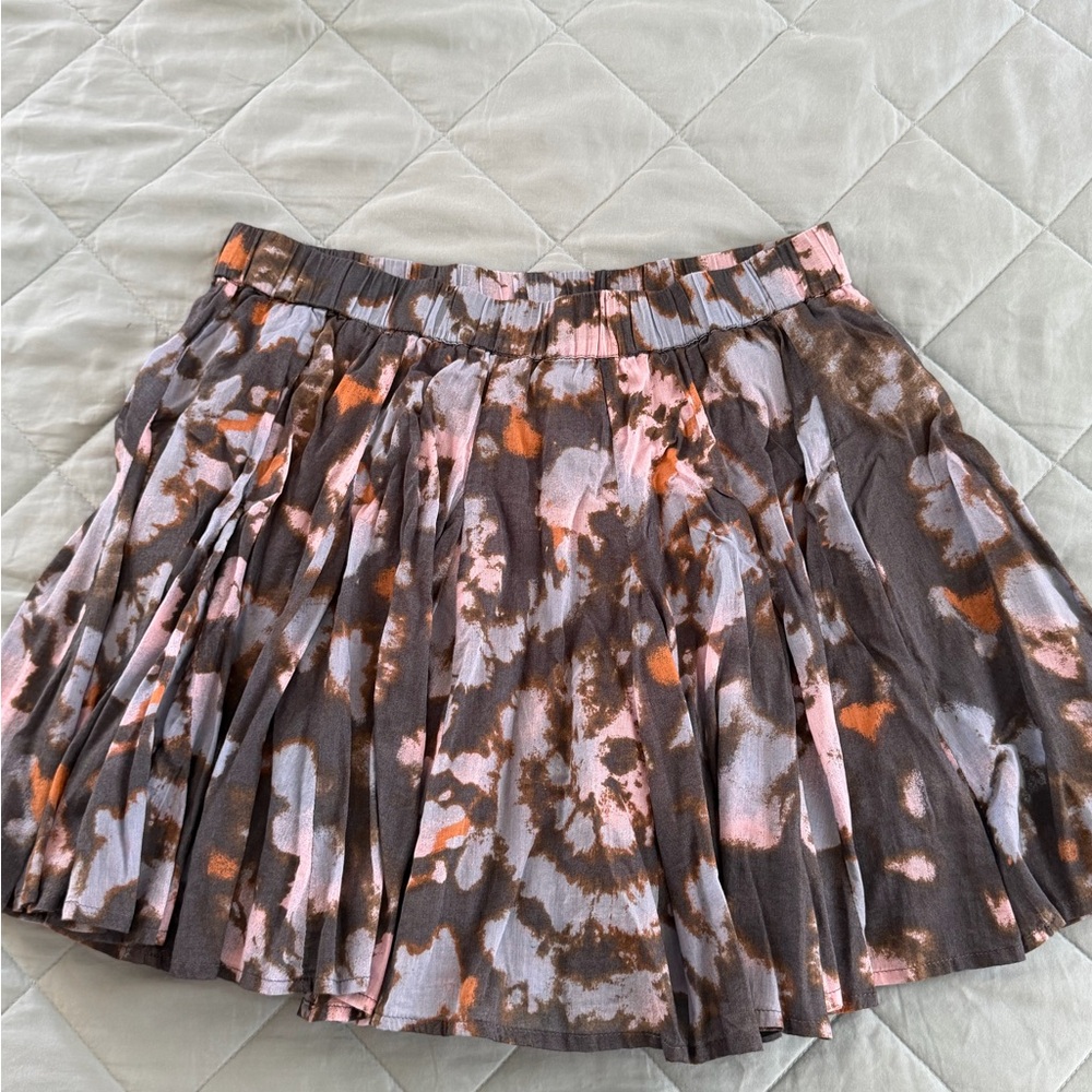 Free People Tie-Dye Pleated Skater Skirt in Brown, Pink & Orange